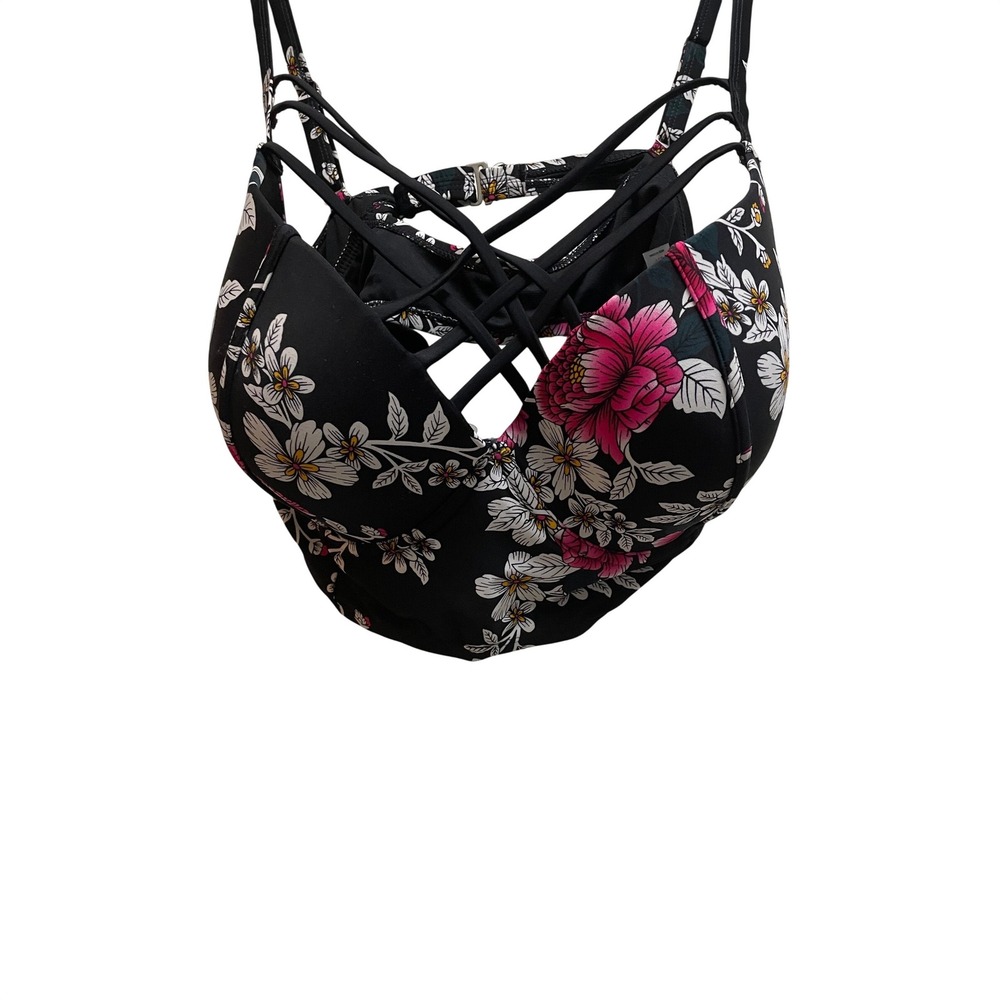 Floral High Waisted Bikini Set Black Pink Strappy Lattice Mesh 2X Swimsuit - Picture 5 of 6